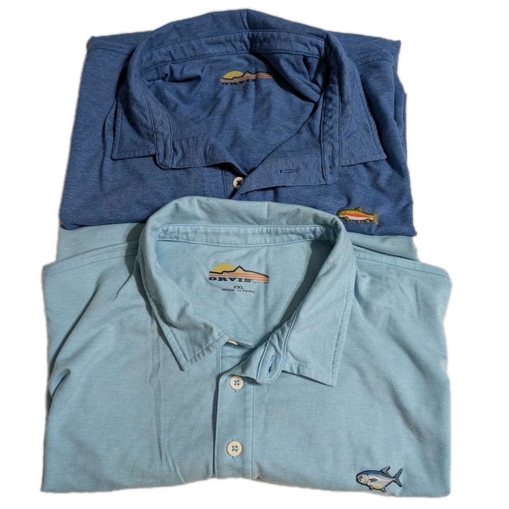 Lot 2 Orvis D. Stewart Polos XXL Blue‎ & Light Blue Fish Logo Soft Casual Golf
